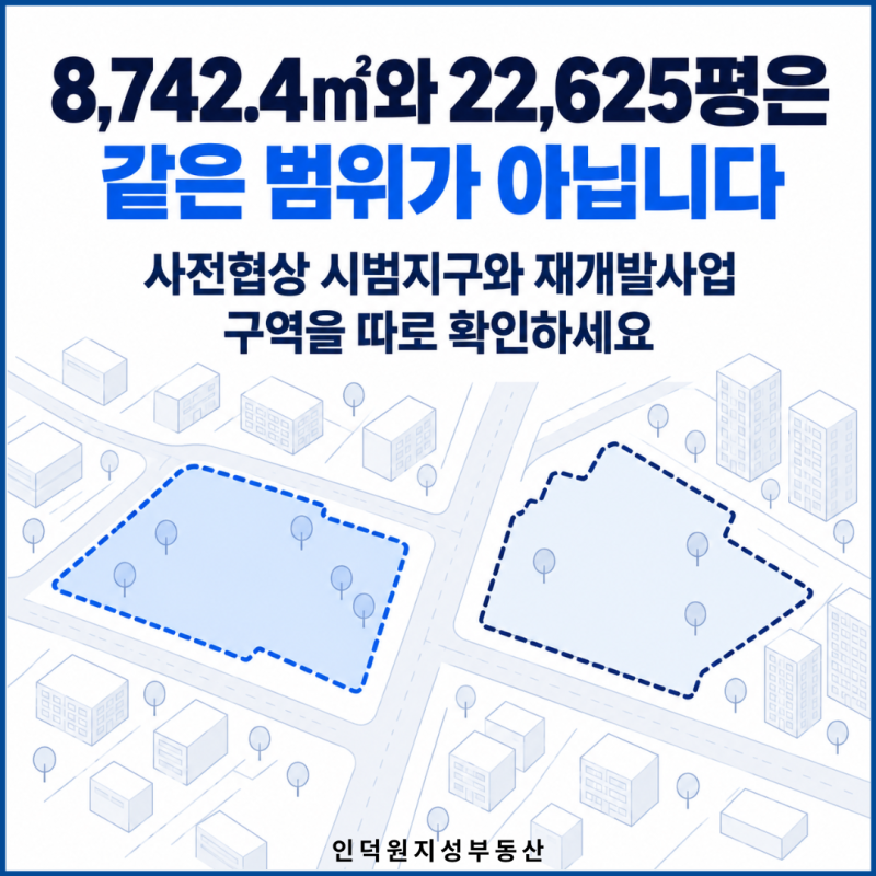 8,742.4㎡와 22,625평은 같은 범위가 아닙니다 — 사전협상 시범지구와 재개발사업 구역을 따로 확인하세요