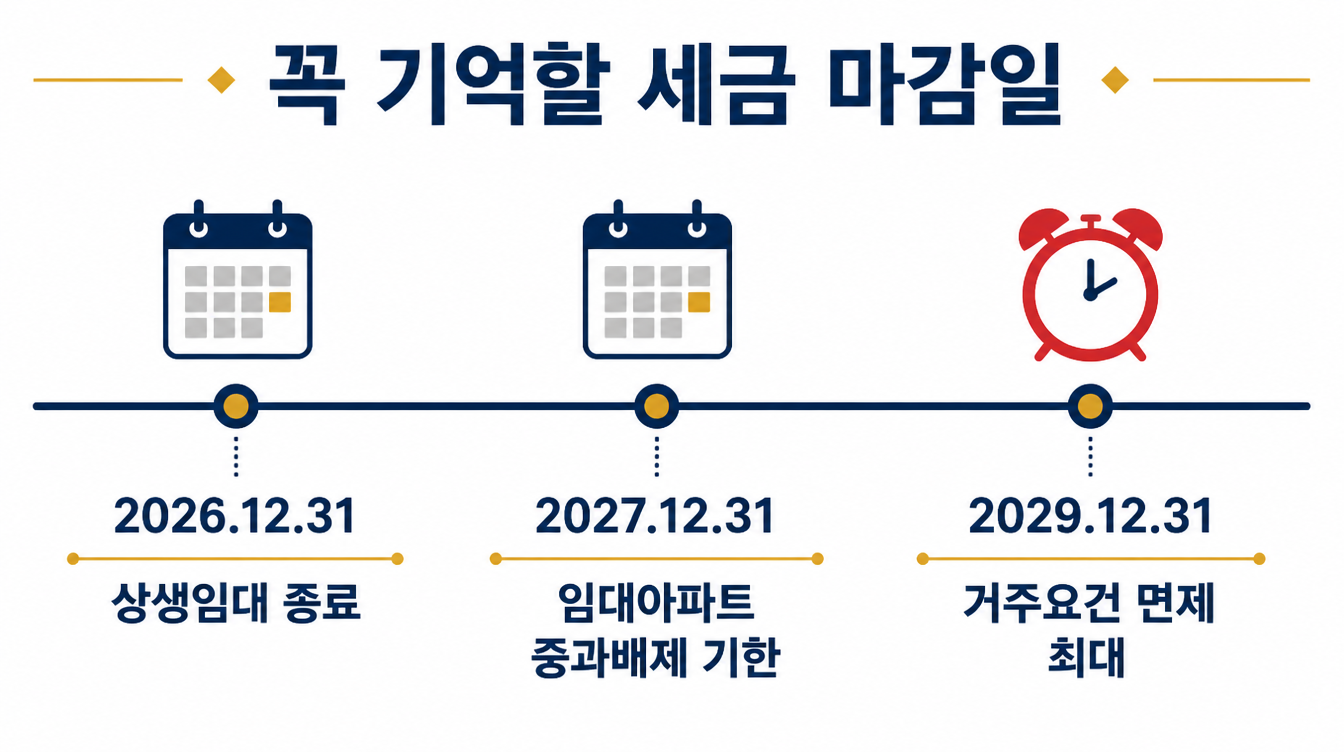 꼭 기억할 세금 마감일 — 2026.12.31 상생임대 종료, 2027.12.31 임대아파트 중과배제 기한, 2029.12.31 거주요건 면제 최대