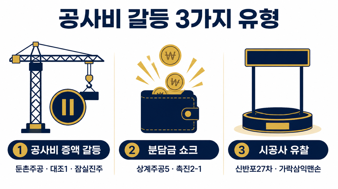 공사비 갈등 3가지 유형 — 공사비 증액 갈등 · 분담금 쇼크 · 시공사 유찰