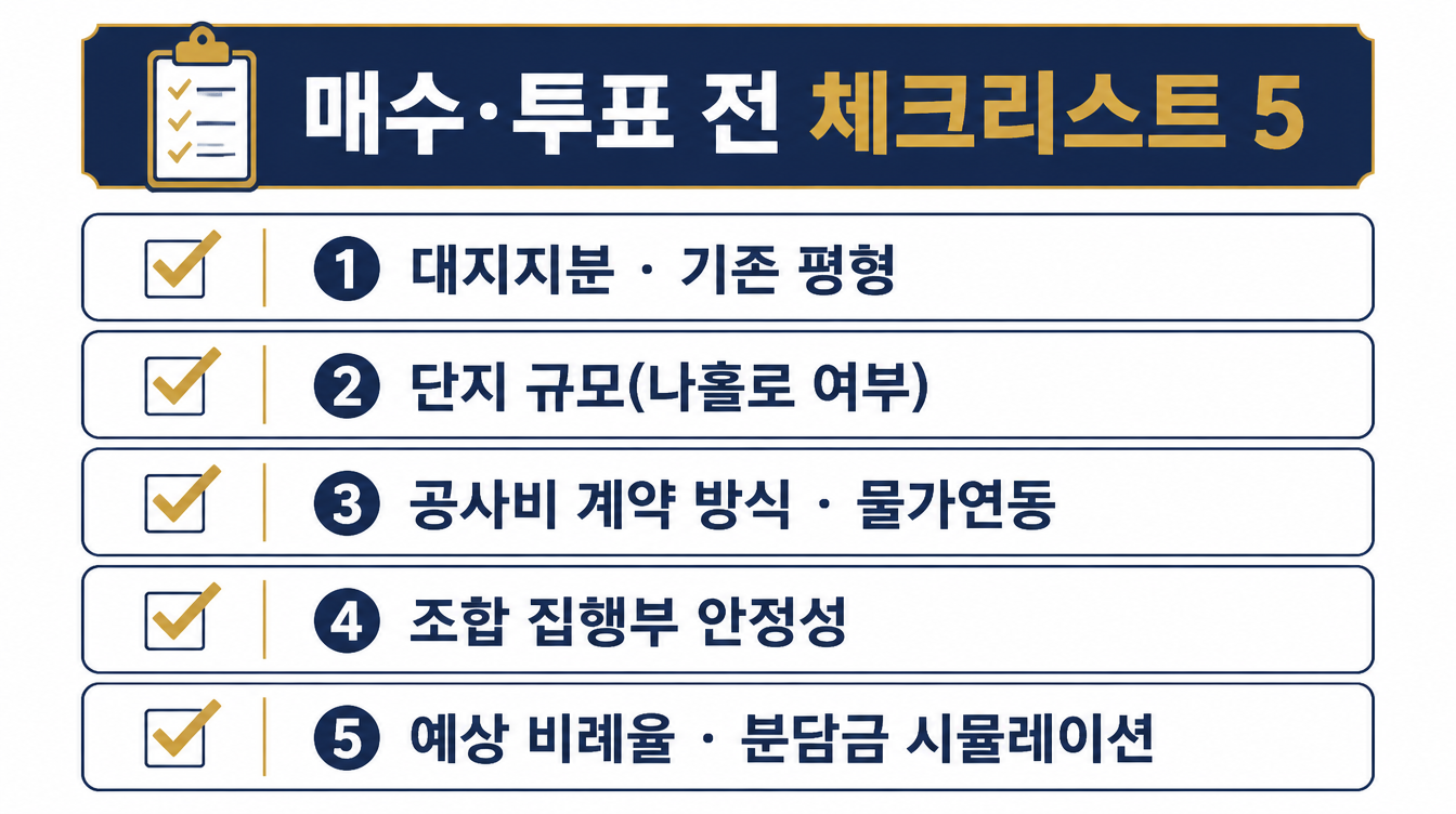 매수·투표 전 체크리스트 5 — 대지지분·단지 규모·공사비 계약 방식·조합 집행부·예상 비례율