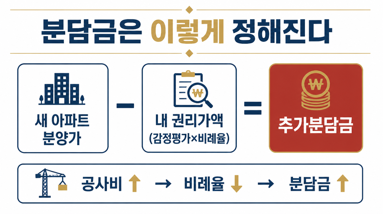 분담금은 이렇게 정해진다 — 새 아파트 분양가에서 내 권리가액을 뺀 만큼이 추가분담금