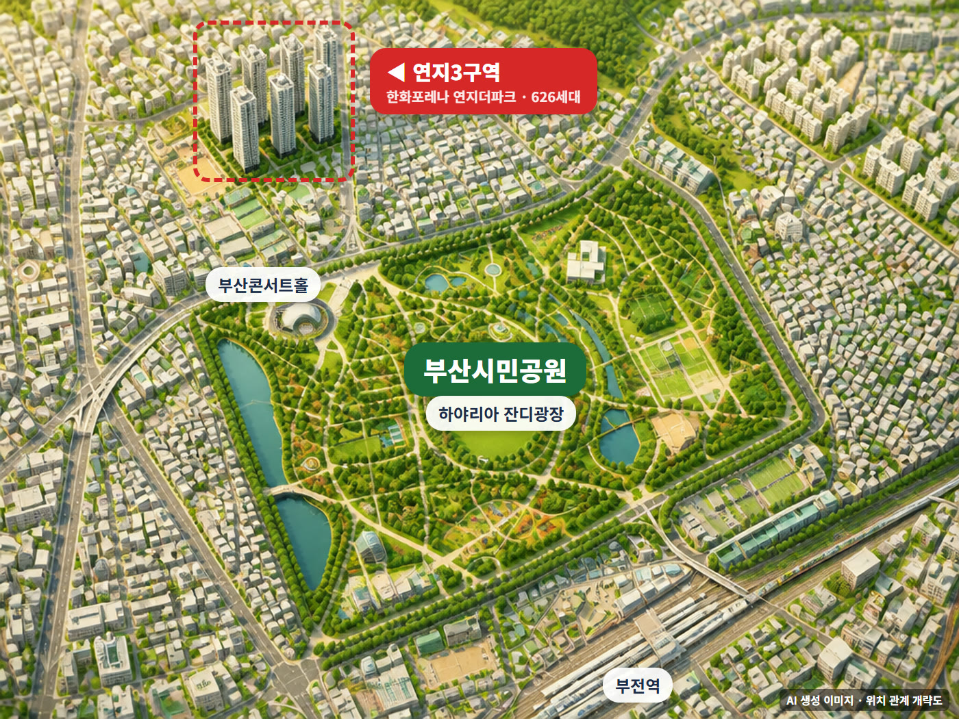 연지3구역과 부산시민공원 일러스트 지도 — 연지3구역(한화포레나 연지더파크)은 공원 북서쪽, 남쪽으로 부전역