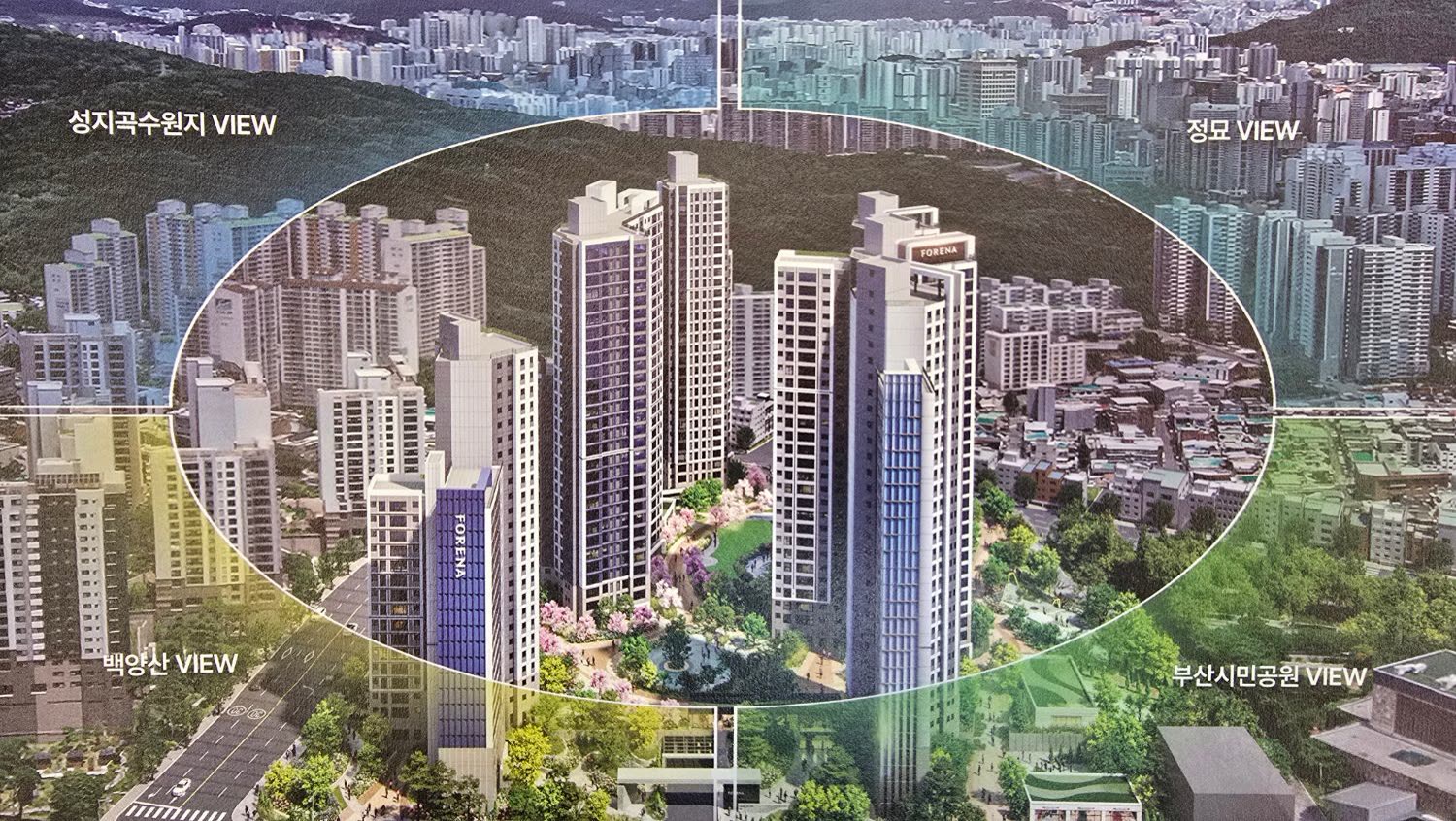 단지 조감도와 4방향 조망 — 성지곡수원지·정묘·백양산·부산시민공원 VIEW